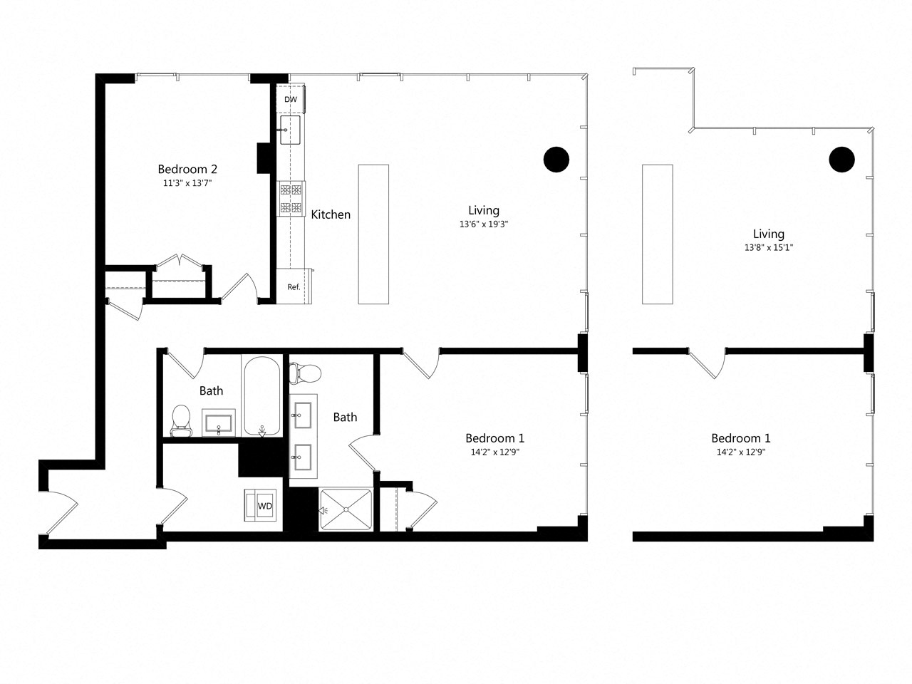 Floor plan for 2 beds, 2 baths, 1066 sqft